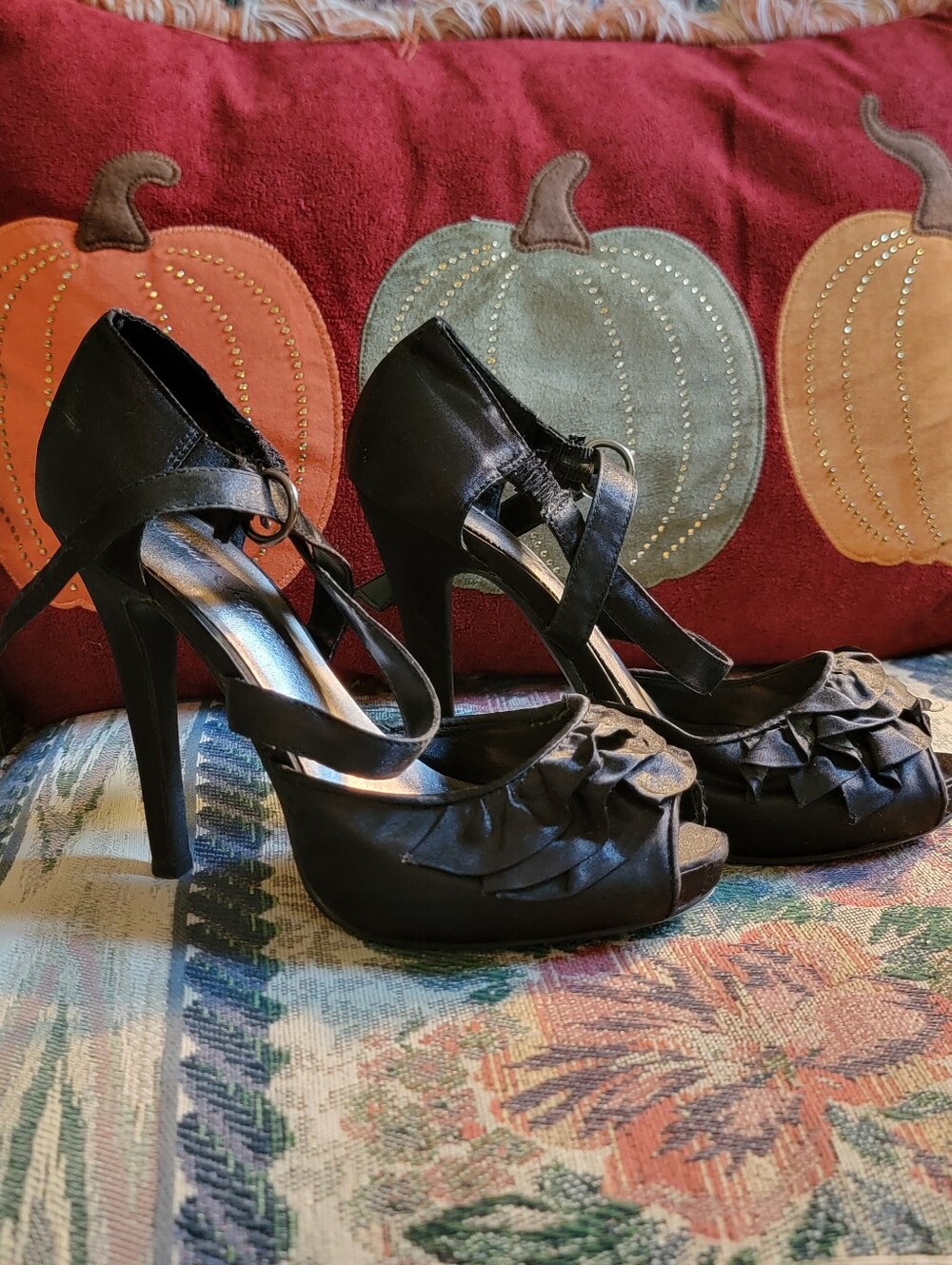 Sarah Jayne Black Women's Ruffle Peep-Toe High Heels